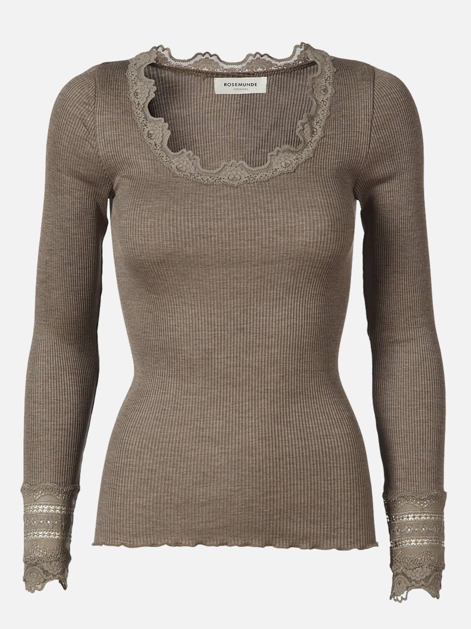 Rosemunde Silk t-shirt regular ls w/wide lace (brown melange) Oberteile in Size Xl