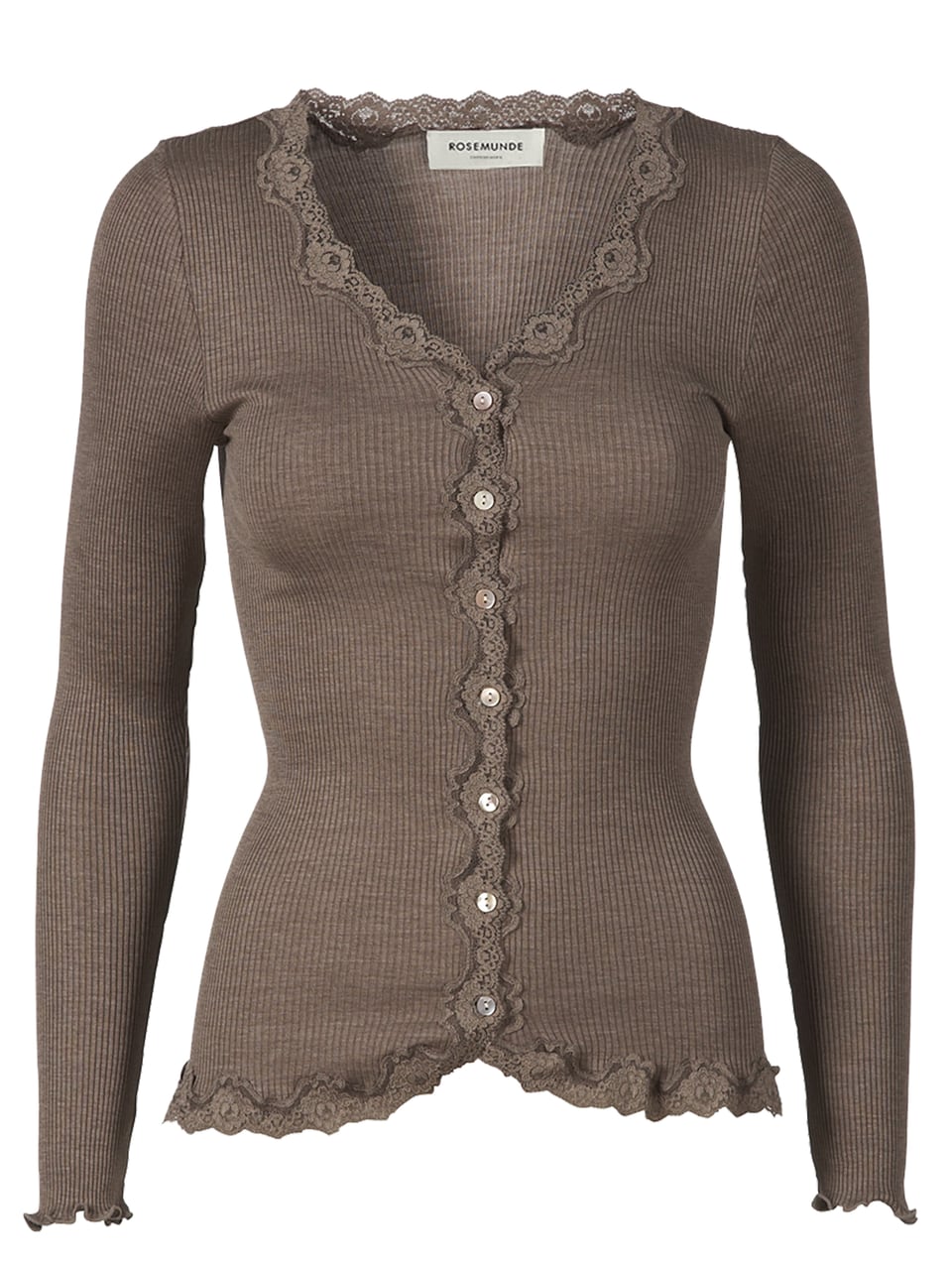 Rosemunde Silk cardigan regular ls w/rev vintage lace (brown melange) Oberteile in Brown Melange